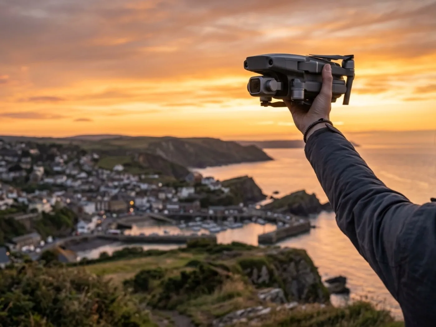 A grey folding drone with a gimbal camera held up against a golden hour sky before a flight over the Devon coast