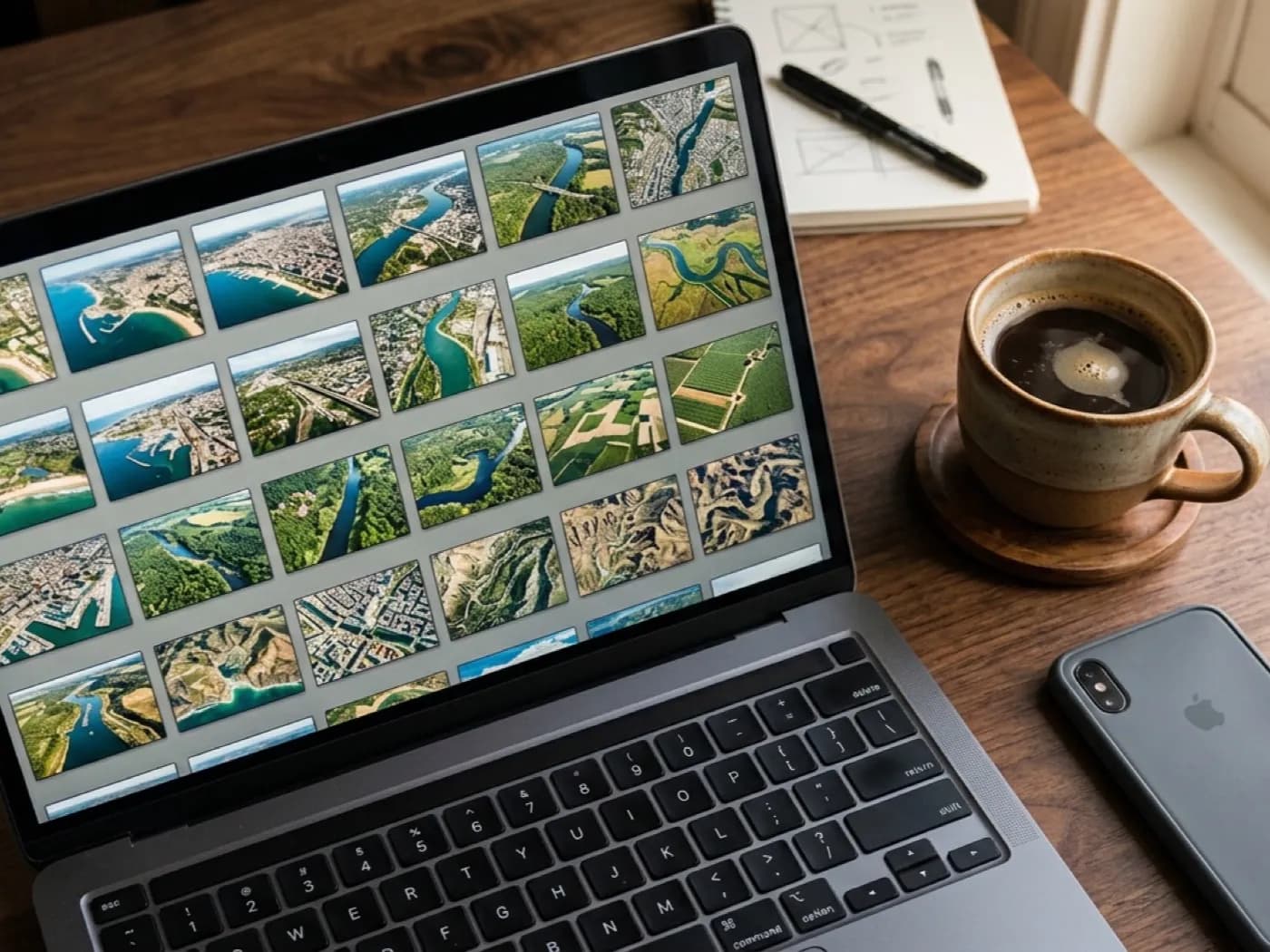 Edited aerial photographs and video stills shown on a laptop screen on a desk, ready for delivery