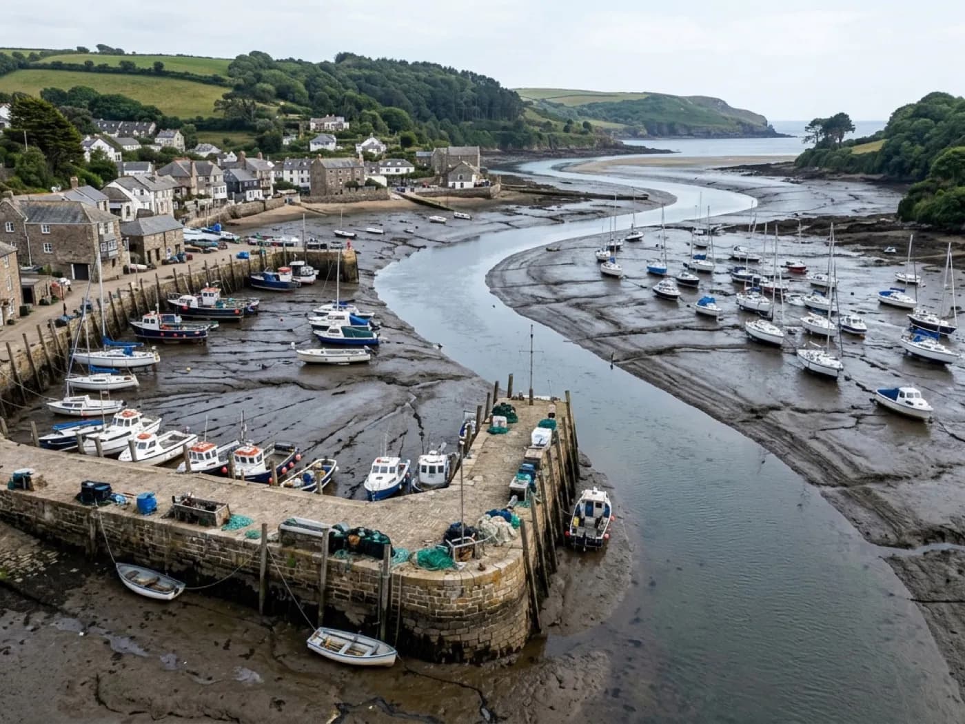 Aerial view of a South Devon harbour and estuary at low tide, boats resting on the mud beside the working quay