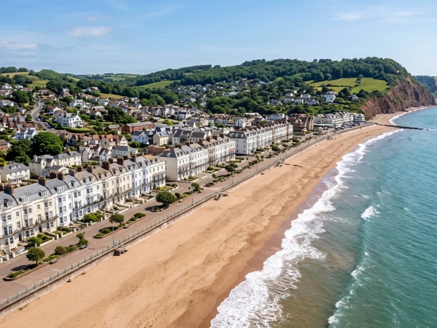 Aerial view of a Devon seafront resort, Georgian terraces facing a beach and a promenade