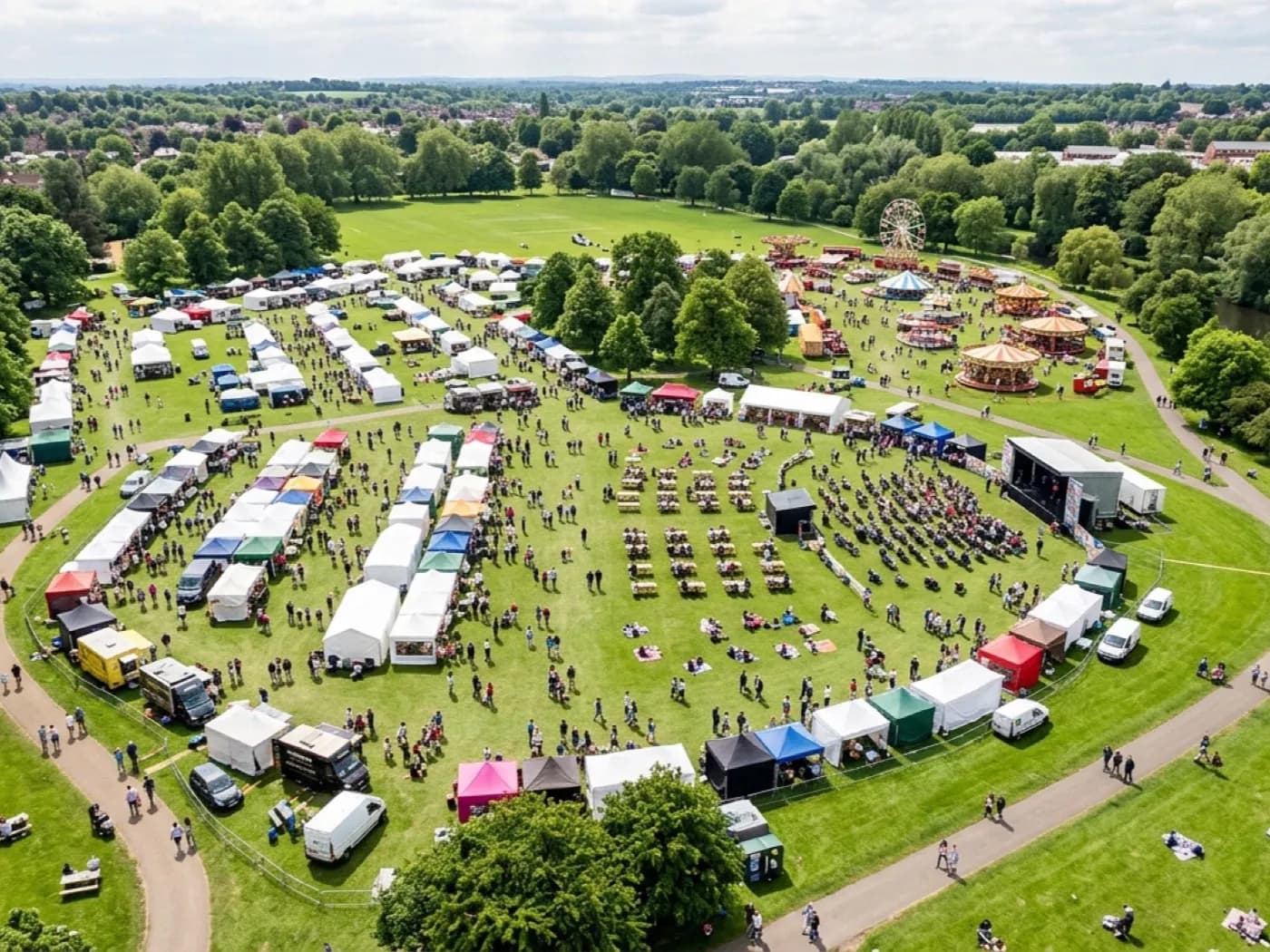 Aerial photograph of an outdoor event in progress, marquees and a crowd laid out across parkland