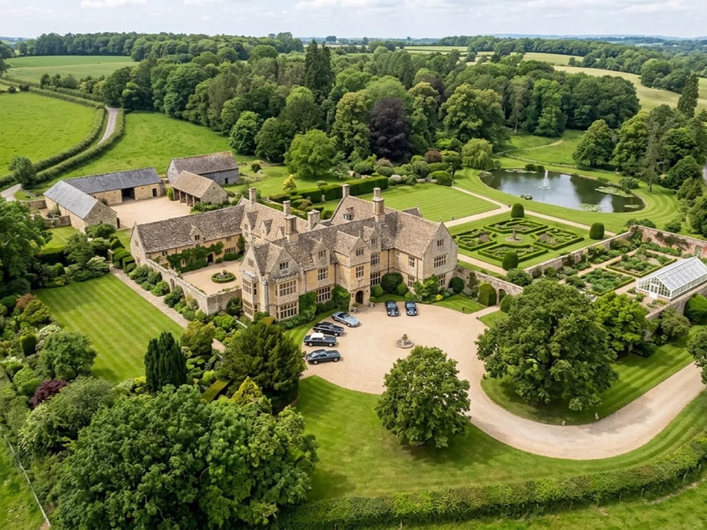 Aerial photograph of a large period house and its grounds, framed the way a property listing photograph is framed